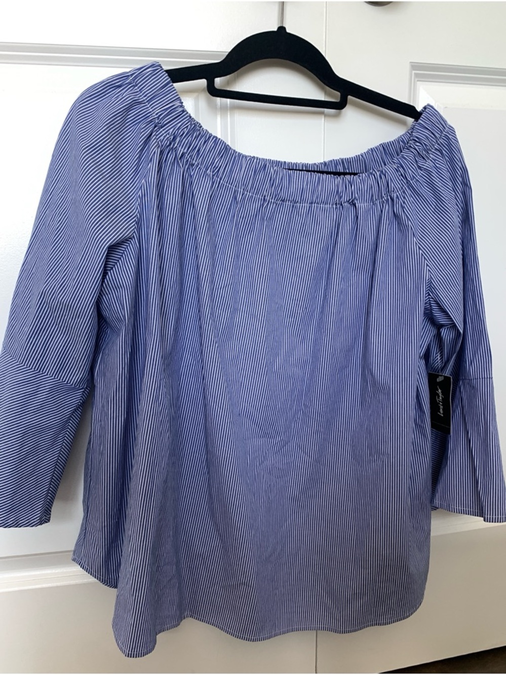 Ann Taylor Blue Striped Off-Shoulder Blouse
